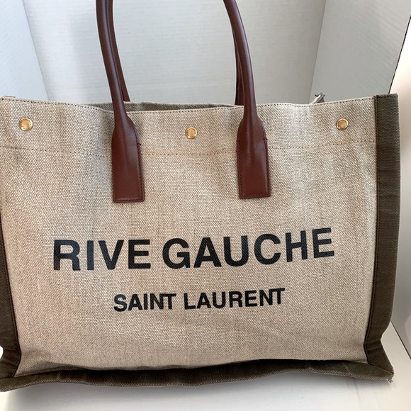 PRELOVED SAINT LAURENT RIVE GAUCHE TOTE BEIGE LINEN AND LEATHER - Picture 2 of 11